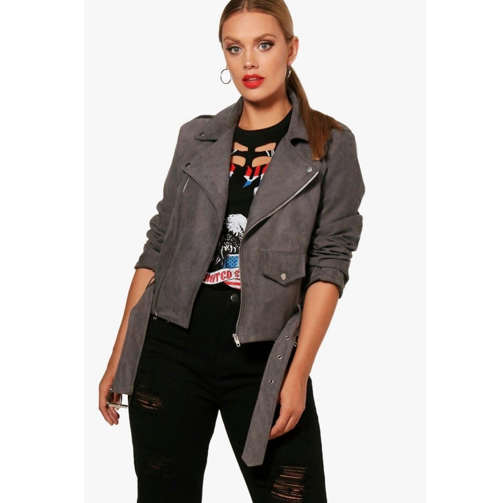 NWT Boohoo Gray Plus Suedette Moto Jacket Size 20